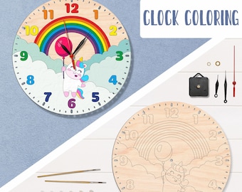 Orologio unicorno Orologio arcobaleno Orologio ragazze Dipingere per numero Orologio eco Imposta orologio di vernice Orologio di legno Unicorno orologio arcobaleno Orologio da colorare unicorno