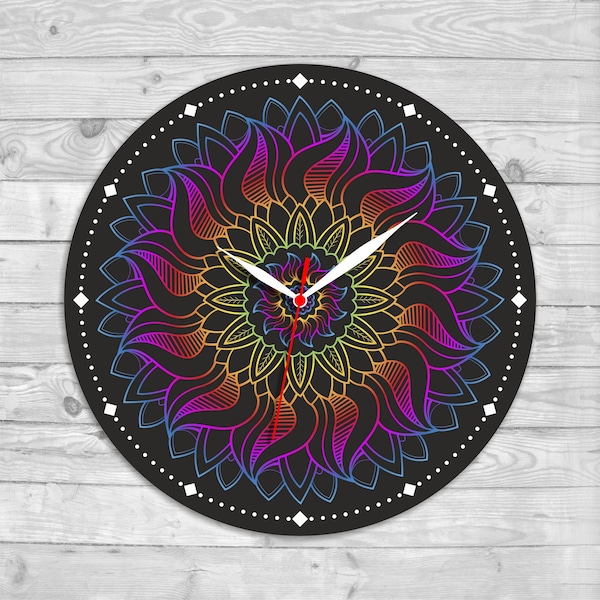 Rainbow Mandala Mandala Boho Custom printed Office studio Living room Bedroom Dining room Urban glam Luxe abstract Dotted wall clock Gifts