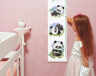 Panda Growth Chart: Canvas Height Meter, Blue Kids Decor