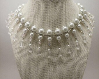 Bridal Bib Necklace, Bridal Collar Necklace, Pearl and Crystal Bridal Neckace