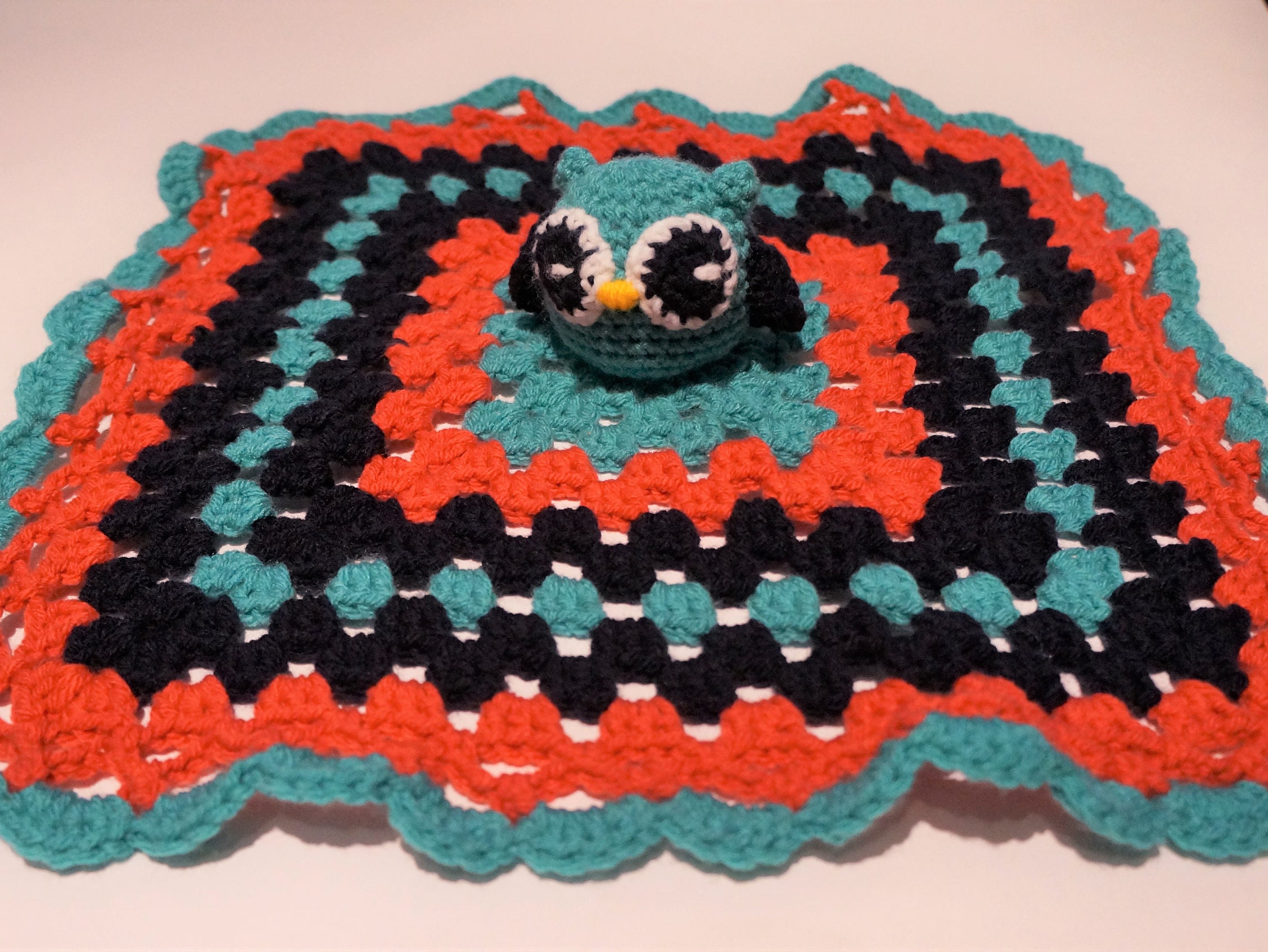 Crocheted Owl Security Blanket, Blue Owl Baby Blanket, Pink and Blue Security Blanket, Owl Baby Comf