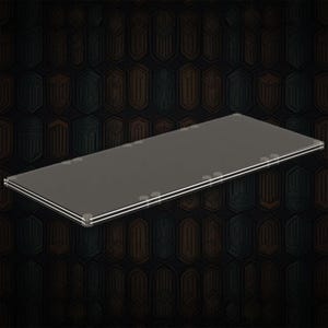 May include: A rectangular, clear acrylic display riser featuring a flat, smooth surface with polished edges. The transparent platform is supported by small, cylindrical clear feet at each corner, providing a raised, elevated profile for display.