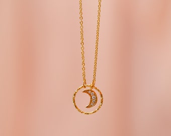 "Eros" ketting - zirkoon, verguld met fijn goud - ketting van maan en sterren - esoterisch - briljante cirkel - cadeau voor haar