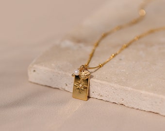 Collier "dream" - perle de culture, doré à l'or fin - médaille étoile du nord et coquillage - pendentif rectangle opale - cadeau pour elle