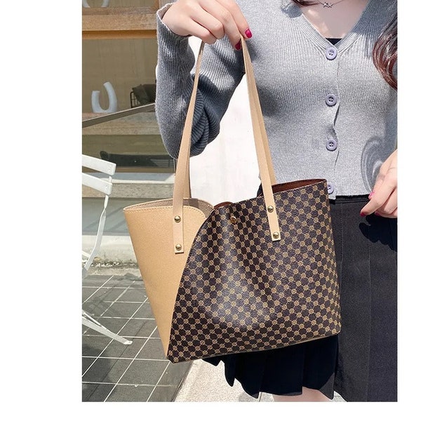 BEIGE COFFE HANDBAG Two-Tone Tote Bag Designer Handbag for Women Daily Essential Pu Leather Faux Leather Shoulder Bag Small Beach Bag Plaid