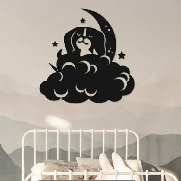 CUTE DOG SLEEPS on The Cloud with Moon Sticker, wall art, Vinyl Decal, Nursery