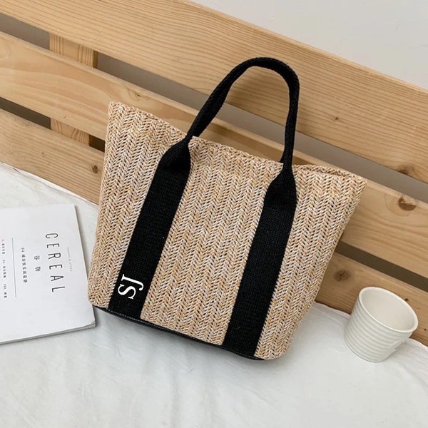 Sac fourre-tout ESSENTIAL MONOGRAMME Petit sac de plage personnalisé en paille tissée Sac classique avec poignée supérieure Sac intemporel Petit sac de plage Sac de jour indispensable