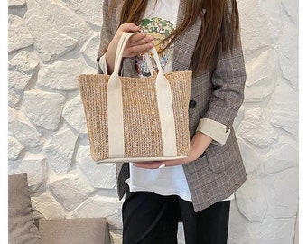 TRENDY HESSIAN HANDBAG Beach Bag Small Woven Straw Beach Bag Classic Top Handle Bag Timeless Bag Straw handbag Ladies Classic Day Bag