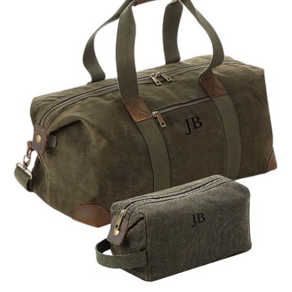 Ensemble de sacoches et de sacs de voyage cirés en toile, cuir et cuir pour homme avec trousse de toilette, sac de voyage pour homme vert olive avec trousse de toilette