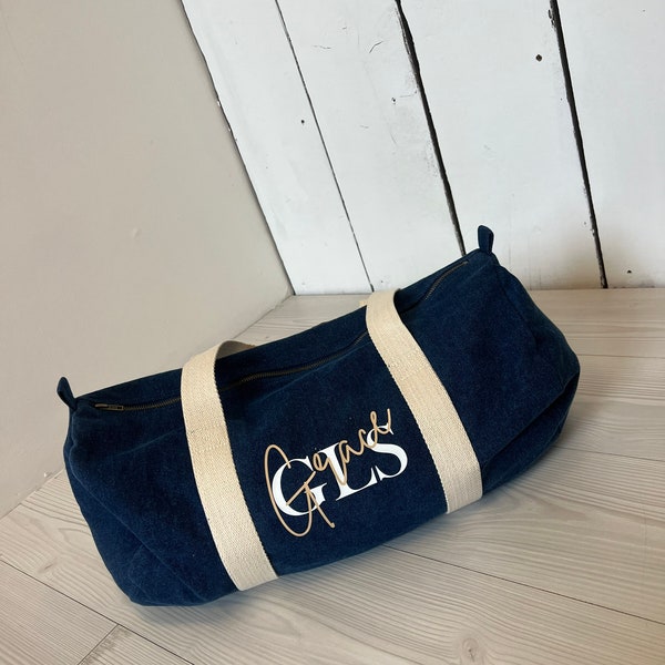 Monogram Initial and Name, Varsity Original Barrel Bag, Duffle, Gym, Weekend Travel Bag, Back to School Bag, Rucksack