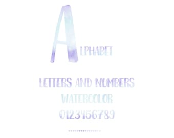Pastel Watercolor Alphabet, Blue Lilac Clipart Font (PNG Digital Download)