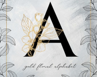 Gold alphabet clipart, gold floral alphabet letters, flower alphabet, apothecary alphabet letters, gold font, gold letters, wedding font