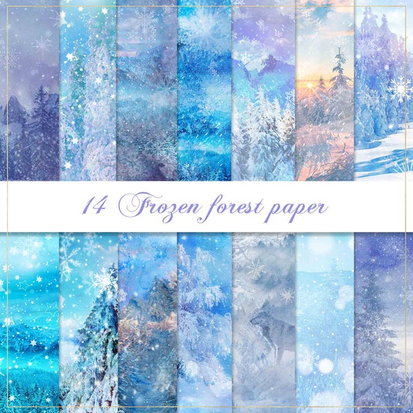 Frozen forest digital paper, winter pattern, white Christmas, blue winter watercolor, stars, snowflakes paper, xmas background, pine tree