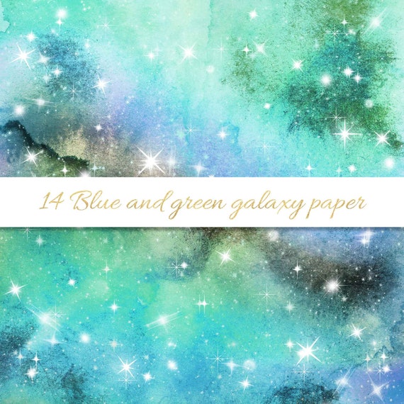 Blue and Green Galaxy Digital Paper, Green Galaxy Paper