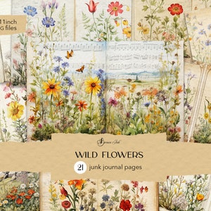 Páginas de diário de flores silvestres, diário floral para impressão, folha de colagem de verão, álbum de recortes vintage, coisas efêmeras de jardim de primavera, papel botânico