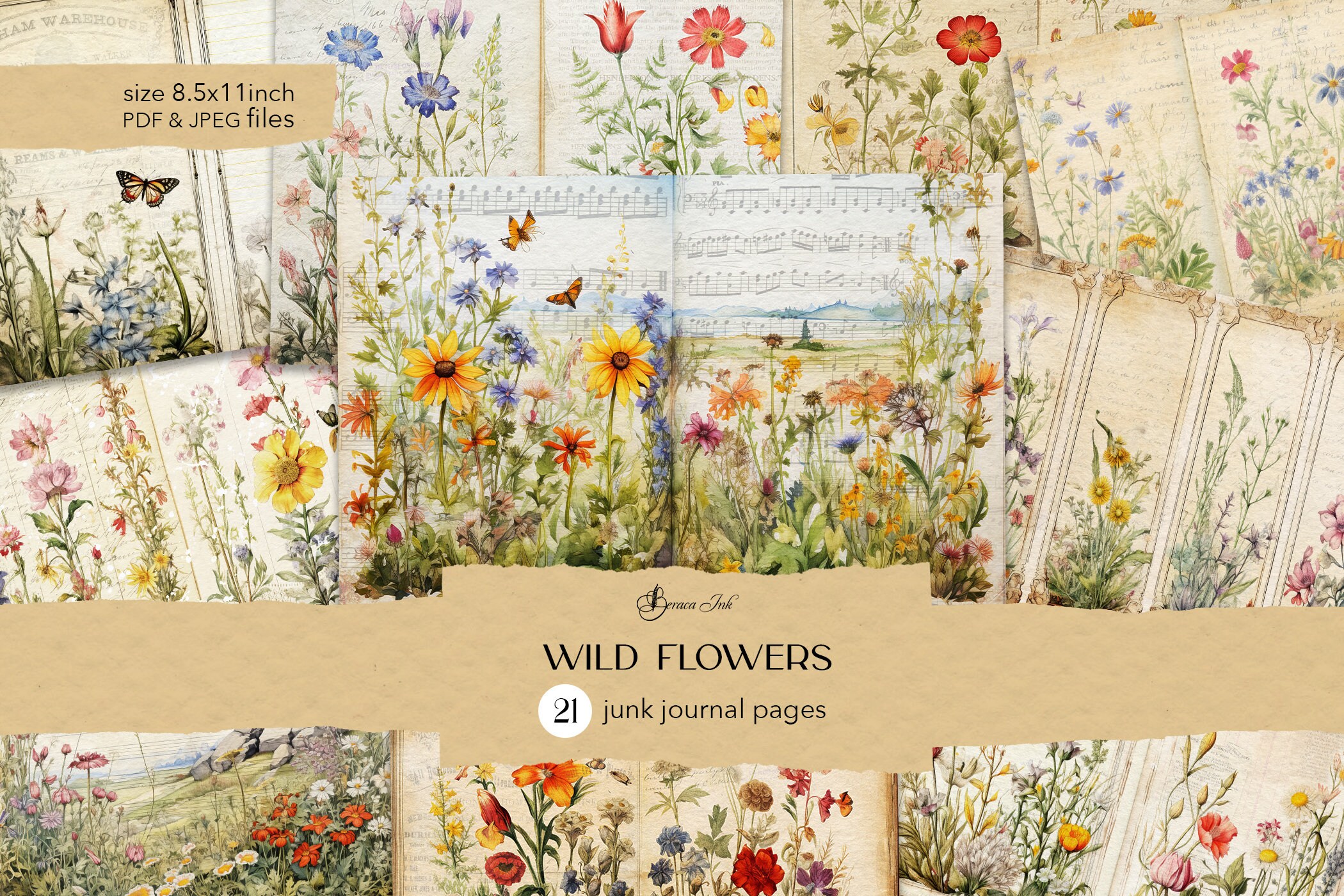 Wildflowers journal pages, printable floral journal, summer collage sheet, vintage scrapbooking, spring garden ephemera, botanical paper
