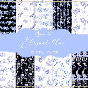 Elegant blue  digital paper, seamless pattern, animal chinoiserie wallpaper, blue flowers paper, toile de jouy paper, blue wedding florals