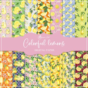 Puede incluir: Un conjunto de 12 papeles digitales con ilustraciones de acuarela de limones, hojas y flores en varios colores y patrones. Los papeles son perfectos para manualidades, scrapbooking y otros proyectos creativos.