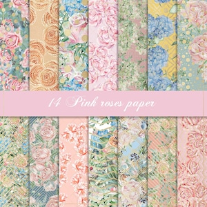 Carta digitale con rose rosa, carta shabby chic, ortensia blu, sfondo pastello, motivo a rose, geometrico oro, rose vintage, rosa inglese
