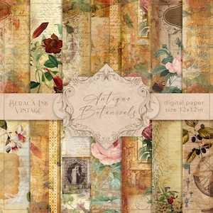 Papel digital botánico antiguo, papel vintage, carta antigua, álbum de recortes efímero, papel para manualidades, diario basura, rosas vintage, flores botánicas