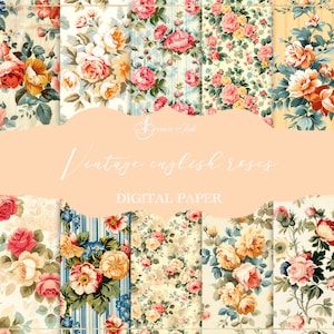 Vintage english roses digital paper, floral seamless pattern, stripes wallpaper, shabby chic junk journal, flower fabric repeat paper