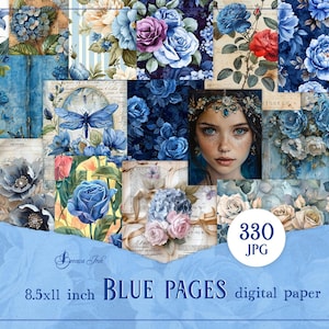Pacchetto di pagine di diario spazzatura blu, diario spazzatura ortensie, album shabby chic, motivo damascato blu, effimere vittoriane, carta digitale verde acqua