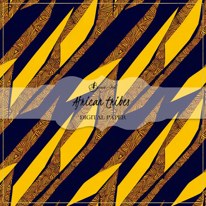 May include: A seamless digital paper pattern with a tribal design. The pattern features yellow and blue stripes with a geometric pattern. The text "African Tribes Digital Paper" is in the center of the image.