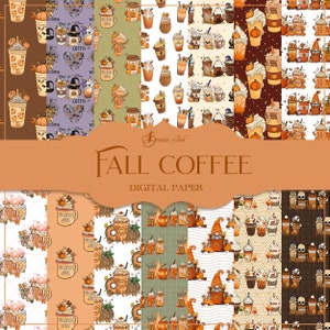 Fall coffee digital paper, seamless pattern, pumpkin spice, autumn background, thanksgiving paper, planner paper, autumn drinks, halloween