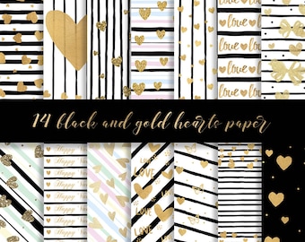 Gold hearts digital paper, valentines day digital paper, pastel paper, gold hearts background, black stripes paper, love paper