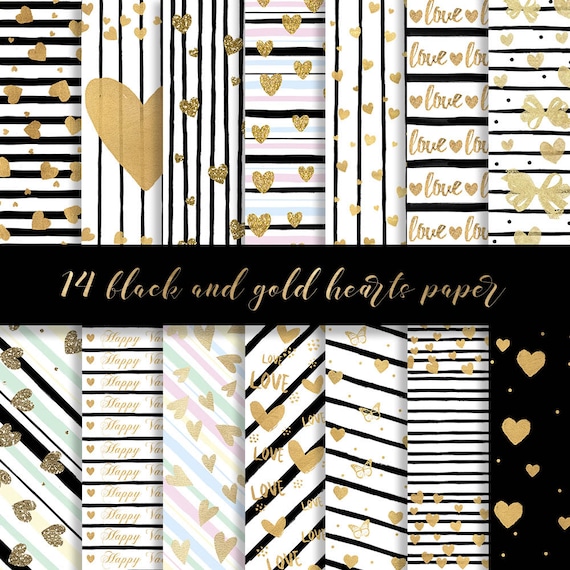 Gold hearts digital paper, valentines day digital paper, pastel paper, gold hearts background, black stripes paper, love paper