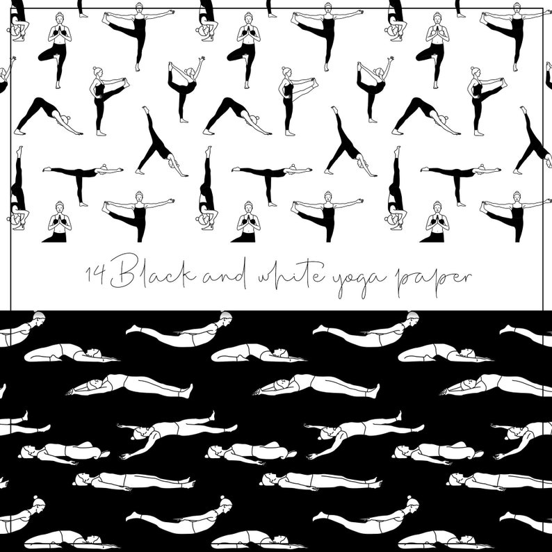 Black and White Yoga Digital Paper Yoga Seamless Pattern Etsy