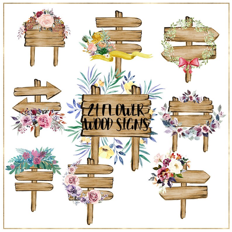 Flower Wood Sign Clipart Watercolor Flowers Sign Wooden - Etsy