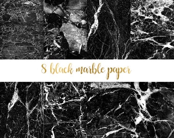 May include: Eight black marble paper textures with white veining. The textures are arranged in a grid pattern. The text "8 black marble paper" is written in gold lettering across the middle of the image.