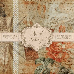 May include: A digital paper background with a vintage aesthetic. The paper features a compass, musical notes, handwritten text, and a rose with green leaves. The text "Mixed vintage 1" is in a decorative frame. The paper is 12 inches by 12 inches.