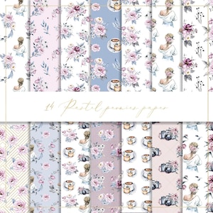 Pastell Pfingstrosen digitales Papier, nahtloses Muster, Pastellblau, Aquarellblumen, rosa Blumenhintergrund, Mode Mädchen, Kamera, Staubrosa