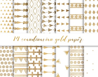 May include: Set of 14 digital papers featuring Scandinavian-inspired geometric patterns in gold foil on a white background. The patterns include triangles, diamonds, circles, and lines.