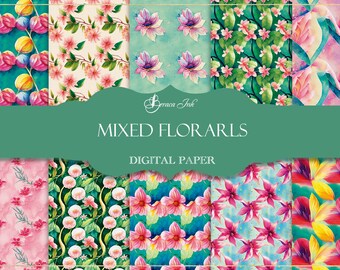 Mixed florals digital paper, seamless pattern, watercolor paper, pink floral scrapbooking, flower background, AI digital art, purple flowers