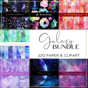 May include: A digital download of 220 galaxy themed papers and clipart. The image shows a variety of galaxy themed designs, including blue and green, purple, red, and magenta. The designs feature stars, planets, and nebulae.