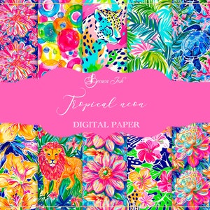 May include: A digital paper pack with 12 tropical neon designs. The designs feature bright colors, flowers, animals, and geometric patterns. The text "Tropical Neon Digital Paper" is displayed on a pink banner.