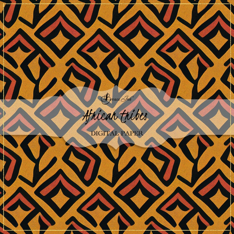 May include: A digital paper pattern with a geometric design featuring black and red shapes on a yellow background. The text "African Tribes" is in the center of the image.