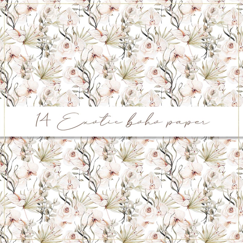 palm leaves seamless pattern white orchids paper Exotic boho digital paper tropical background palm exotic leaves watercolor flower