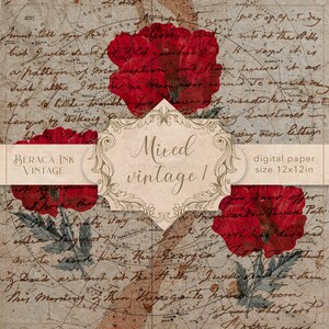 May include: A digital paper background with a vintage aesthetic. The background features a faded map with handwritten text and red poppy flowers. The text "Mixed vintage 1" is in a decorative frame. The text "digital paper size 12x12in" is also included.