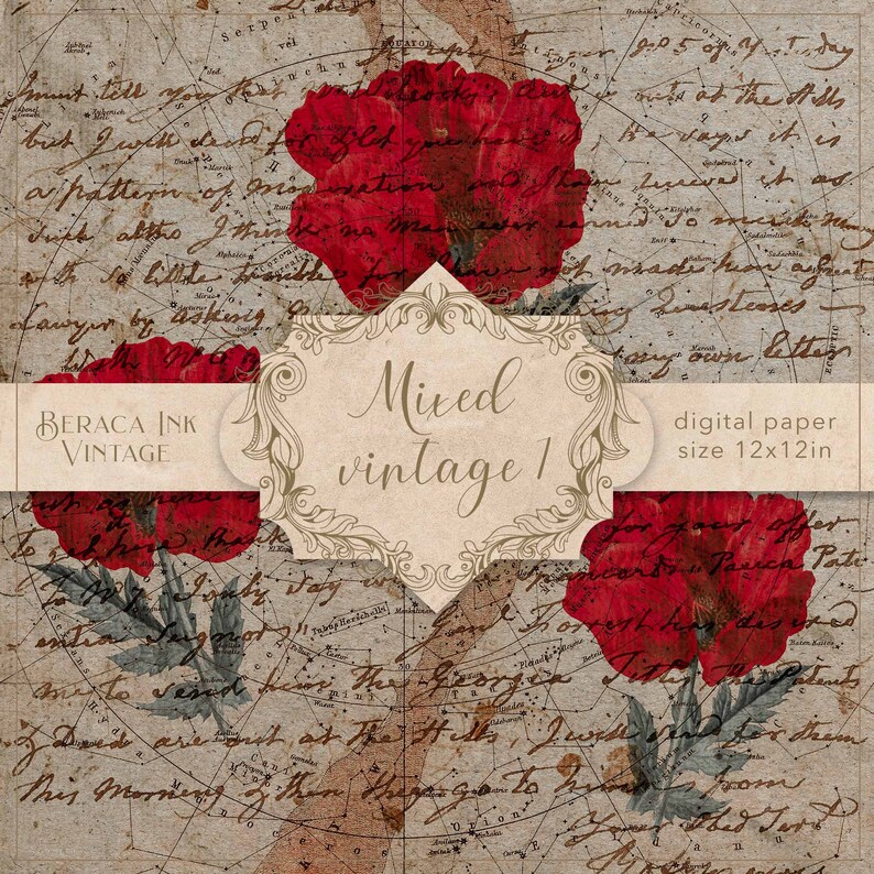 May include: A digital paper background with a vintage aesthetic. The background features a faded map with handwritten text and red poppy flowers. The text "Mixed vintage 1" is in a decorative frame. The text "digital paper size 12x12in" is also included.