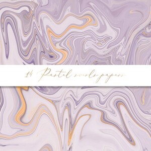 K&ouml;nnte beinhalten: Abstraktes digitales Papier mit einem wirbelnden Muster in Violett-, Wei&szlig;- und Goldt&ouml;nen. Der Text "14 Pastel Swirls Papers" ist in Gold in der Mitte des Bildes geschrieben.