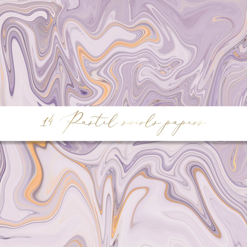 K&ouml;nnte beinhalten: Abstraktes digitales Papier mit einem wirbelnden Muster in Violett-, Wei&szlig;- und Goldt&ouml;nen. Der Text "14 Pastel Swirls Papers" ist in Gold in der Mitte des Bildes geschrieben.