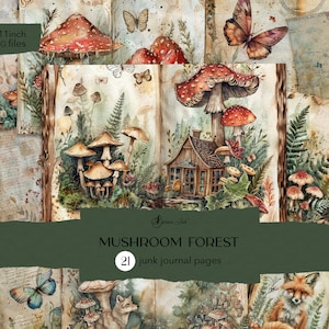 Pages de journal de forêt de champignons, kit de journal numérique indésirable de champignons vintage, album de coupures de bois, journal botanique fantaisiste, papillons mignons