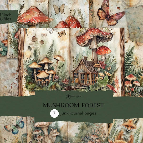 Mushroom forest journal pages, vintage mushrooms digital junk journal kit, woodland scrapbook, whimsical botanical journal, cute butterflies