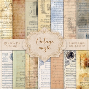 Papel digital de música antigua, álbum de recortes TAMAÑO CARTA, efímeras de partituras musicales, diario basura, documentos antiguos, papel de notas musicales, papel imprimible
