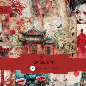 Aziatische rode dagboekpagina's, Japans junkjournaal, Chinees digitaal papier, oosterse collage, samoeraizwaard plakboek, Aziatisch Pogoda-dagboek