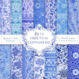 Blauw digitaal chinoiseriepapier, bloemmotief, blauw behang, William Morris-papier, Aziatische achtergrond, oosterse achtergrond, stoffenpatroon